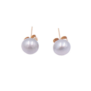 14K Yellow Gold Gray Pearl Stud Earrings 7mm Freshwater Button Classic