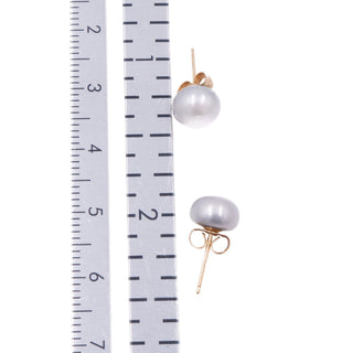 14K Yellow Gold Gray Pearl Stud Earrings 7mm Freshwater Button Classic