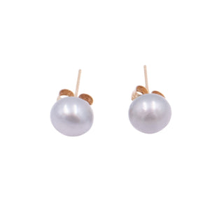 14K Yellow Gold Gray Pearl Stud Earrings 7mm Freshwater Button Classic