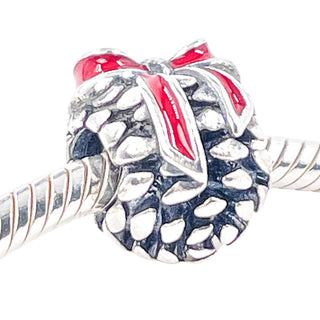 Pandora Rare Pinecone Sterling Silver Christmas Charm With Red Enamel