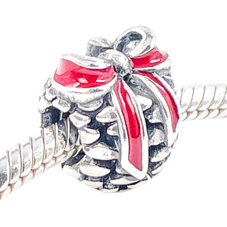 Pandora Rare Pinecone Sterling Silver Christmas Charm With Red Enamel