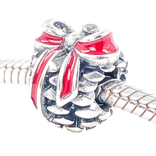 Pandora Rare Pinecone Sterling Silver Christmas Charm With Red Enamel