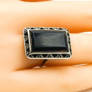 Vintage Black Tourmaline and Marcasite Sterling Silver Ring Size 5
