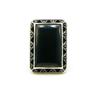 Vintage Black Tourmaline and Marcasite Sterling Silver Ring Size 5