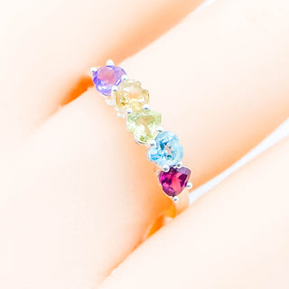 Sterling Silver Multi-Gemstone Ring With Heart Shaped Stones Size 7