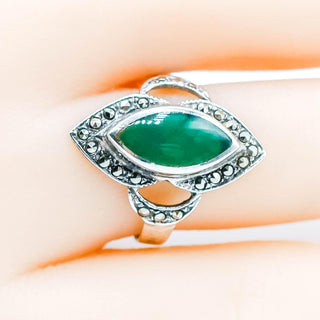 Vintage Sterling Silver Nephrite Jade And Marcasite Ring Size 8