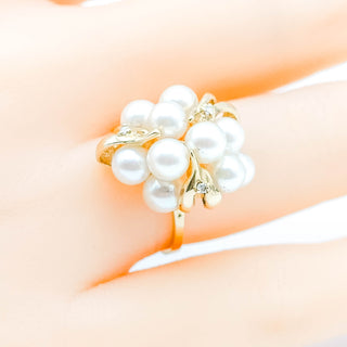 14K Yellow Gold Cultured Pearl & Diamond Cocktail Ring Size 6.5