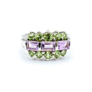 Vintage Amethyst Peridot Sterling Silver Cocktail Ring Size 8.75