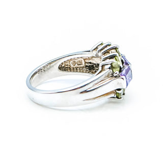 Vintage Amethyst Peridot Sterling Silver Cocktail Ring Size 8.75