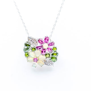 Sterling Silver Flower Pendant With Ethiopan Opal and Rhodolite