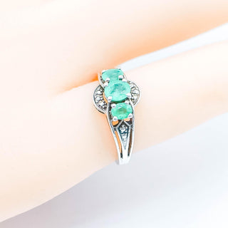 Sterling Silver Natural Emerald Three Stone Ring Size 5