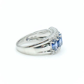 Sterling Silver Three Row Blue And White Cubic Zirconia Ring Size 8