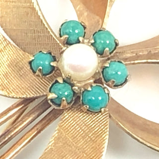Vintage WINARD 12K Gold Filled Ribbon Brooch With Blue Beads And Pearl