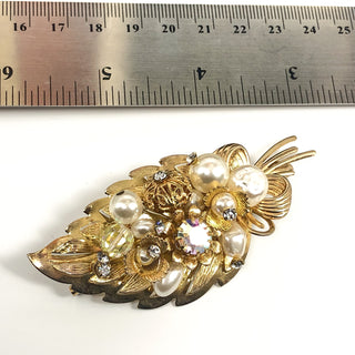 Vintage Gold Tone Miriam Haskell Style Brooch With Glass Pearls And Rhinestones