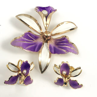 Vintage Purple and White Orchid Brooch & Earrings Set With Faux Pearls