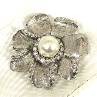 Vintage Silver Tone Clear Rhinestone Pearl Flower Brooch