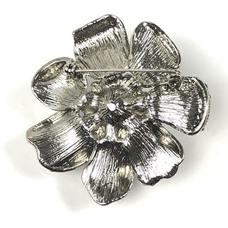 Vintage Silver Tone Clear Rhinestone Pearl Flower Brooch