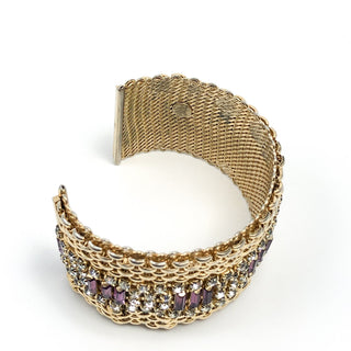 Jewels By Julio Designer Signed Vintage Gold Tone Statement Cuff Bracelet With Purple Baguette and White Crystals 7&quot; circumference