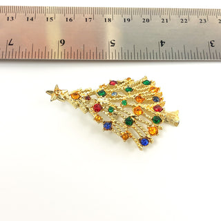 Vintage Gold Tone Christmas Tree Brooch With Rhinestone Ornaments and Star Topper