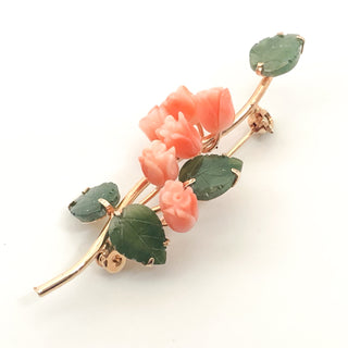 Vintage 1960s Carved Coral Rose Nephrite Jade Leaves Brooch