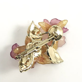 Vintage Delicate Orchid Brooch With Gold Tone Leaves