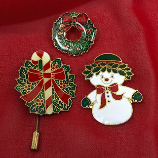 Three Vintage Christmas Theme Pins--Wreath--Candy Cane--Snowman--Two Signed Centennia 1979