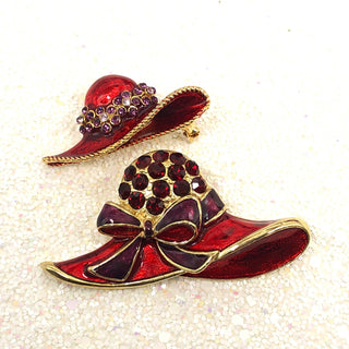 Two Vintage Red Hat Society Rhinestone And Enamel Brooches