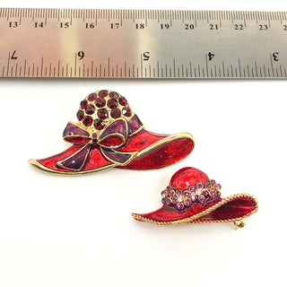 Two Vintage Red Hat Society Rhinestone And Enamel Brooches