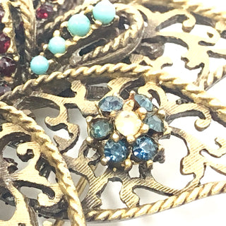Vintage Signed BSK Large Filigree Faux Ruby and Sapphire Rhinestones And Faux Turquoise Beads Bird Brooch