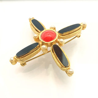 Vintage Signed &quot;3244&quot; Gold Tone Cross Clip Brooch With Red And Black Enamel and Faux Pearls