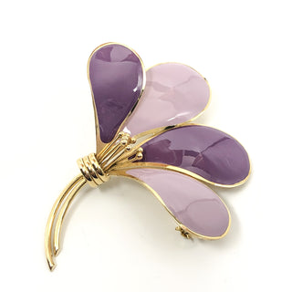 Large Vintage Vogue Jewelry Gold Tone Purple Enamel Flower Brooch Pendant