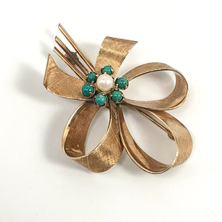 Vintage WINARD 12K Gold Filled Ribbon Brooch With Blue Beads And Pearl