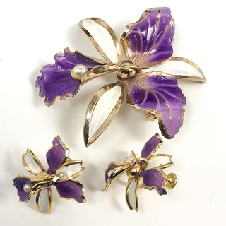 Vintage Purple and White Orchid Brooch & Earrings Set With Faux Pearls