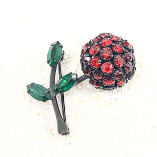 Vintage Signed Warner Cherry Brooch Pin With Red And Green Rhinestones