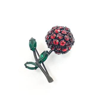 Vintage Signed Warner Cherry Brooch Pin With Red And Green Rhinestones