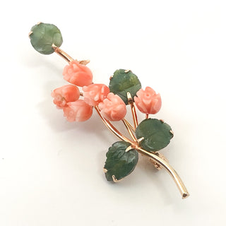 Vintage 1960s Carved Coral Rose Nephrite Jade Leaves Brooch