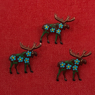 Three Little Moose Pins With Blue Flowers