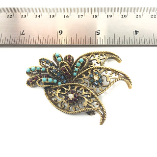Vintage Signed BSK Large Filigree Faux Ruby and Sapphire Rhinestones And Faux Turquoise Beads Bird Brooch