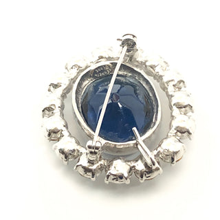 Vintage Kenneth Jay Lane Silver Tone Large Blue Oval Faceted Glass and Clear Rhinestone Brooch Pendant