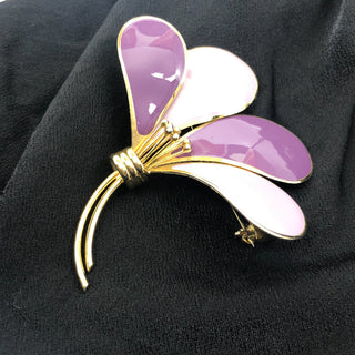 Large Vintage Vogue Jewelry Gold Tone Purple Enamel Flower Brooch Pendant