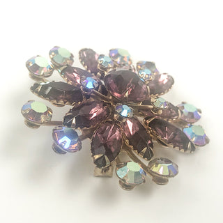 Vintage Unsigned Gold Tone Flower Brooch With Unfoiled Purple and AB Rhinestones