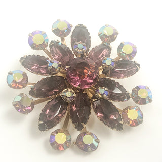 Vintage Unsigned Gold Tone Flower Brooch With Unfoiled Purple and AB Rhinestones