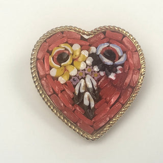 Vintage Mosaic Gold Tone Heart Pin With Bouquet of Flowers