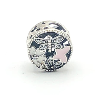 PANDORA Springtime Dragonfly Charm S925 ALE Sterling Silver With White and Pink Enamel and Clear CZ 791842ENMX - Retired