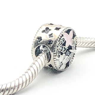 PANDORA Springtime Dragonfly Charm S925 ALE Sterling Silver With White and Pink Enamel and Clear CZ 791842ENMX - Retired