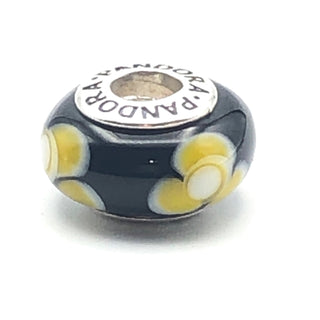 PANDORA Flowers For You Black 925 ALE Sterling Silver Charm Murano Glass Bead 790641 - Retired