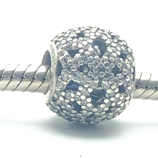 PANDORA Shimmering Lace 925 ALE Sterling Silver Charm Openworks Bead With Clear Pavé Cubic Zirconia 791284CZ - Retired