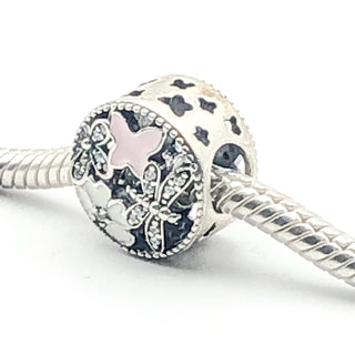 PANDORA Springtime Dragonfly Charm S925 ALE Sterling Silver With White and Pink Enamel and Clear CZ 791842ENMX - Retired