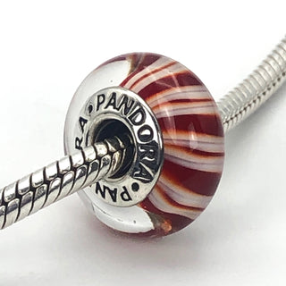 PANDORA Red Candy Stripes Sterling Silver Murano Glass Charm Bead