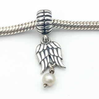 PANDORA Guardian Angel S925 ALE Sterling Silver Dangle Charm Bead With White Freshwater Pearl 790975P - Retired